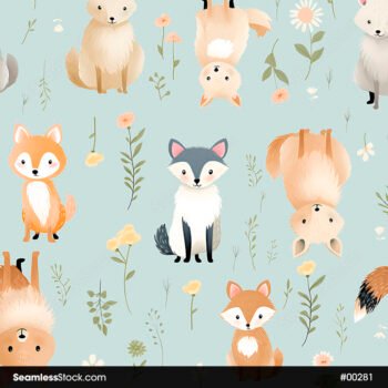 Childish Forest Animals Foxes, Wolves, Flowers And Plants Seamless Pattern