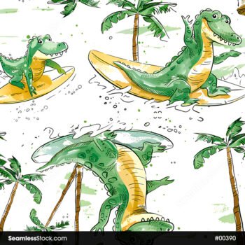 Green Alligators Surfing And Palm Trees Seamless Pattern