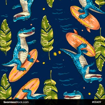 Surfing Alligators And Tropical Leaves Seamless Pattern
