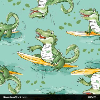 Alligators On Surfboards Watercolor Style Seamless Pattern