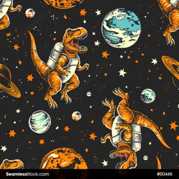 Astronaut Dinosaurs, Planets And Stars Seamless Pattern