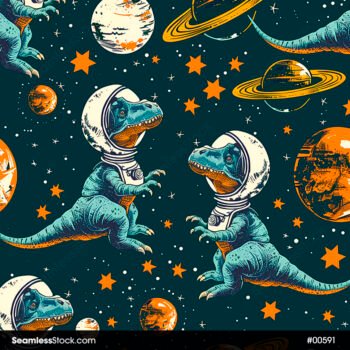 Astronaut Dinosaurs, Planets, Saturn And Stars Seamless Pattern