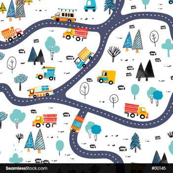 Cars And Trucks With Trees And Roads Seamless Pattern