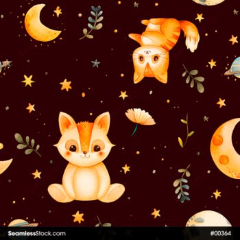 Space Animals, Cats, Leaves, Stars And Moon Seamless Pattern