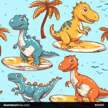 Colorful Dinosaurs Surfing And Coconut Trees Cartoon Style Seamless Pattern