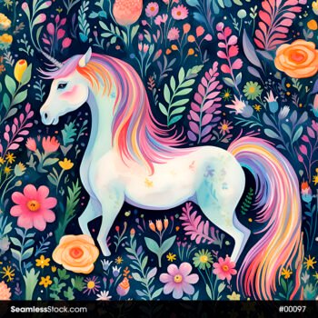 Colorful Unicorns Leaves And Flowers Seamless Pattern