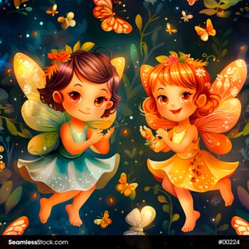 Cute Bright Fairies Butterflies And Leaves Seamless Pattern