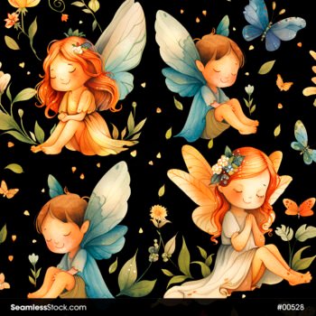Watercolor Cute Fairies Butterflies And Leaves Seamless Pattern
