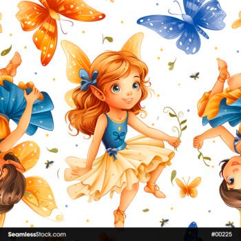 Cute Fairies Butterflies And Leaves Seamless Pattern