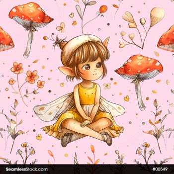 Cute Fairy Mushrooms And Leaves Seamless Pattern