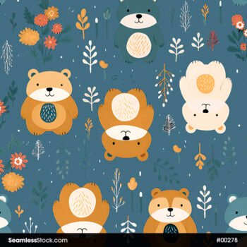 Cute Little Bears and Plants and Flowers Cartoon Style Seamless Pattern