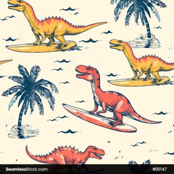 Surfing Dinosaurs With Palm Trees And Waves Seamless Pattern
