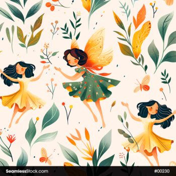 Fairies Butterflies And Leaves Seamless Pattern