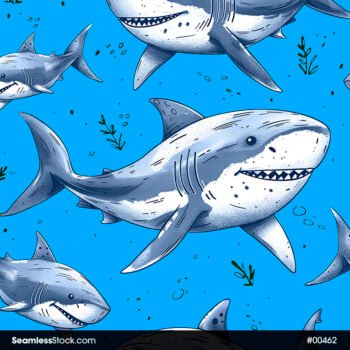 Great White Sharks And Seaweeds Seamless Pattern