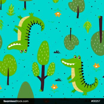 Cartoon Green Alligators, Trees and Leaves Seamless Pattern