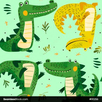 Colorful Crocodiles and Leaves Cartoon Style Seamless Pattern