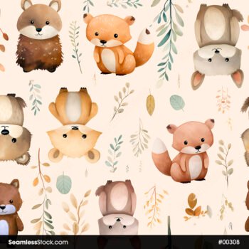 Cute Forest Animals And Leaves Seamless Pattern