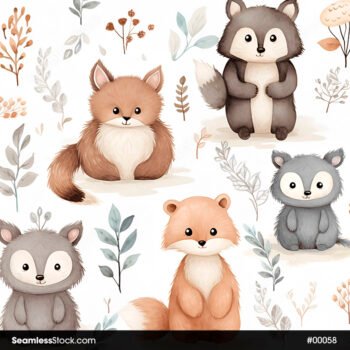 Little Cute Forest Animals And Leaves And Plants Seamless Pattern