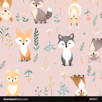 Cute Forest Animals With Wolves Foxes Flowers And Leaves Seamless Pattern