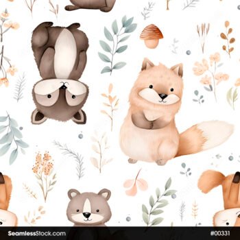 Cute Forest Animals With Squirrels And Leaves Seamless Pattern