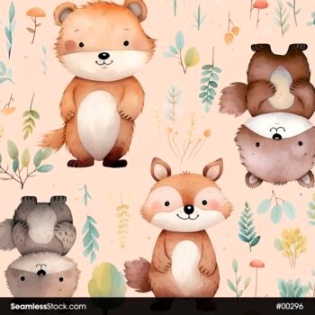 Cute Forest Animals, Foxes, Bears and Leaves Seamless Pattern