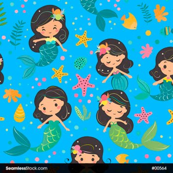Mermaids And Fish Seaweed Starfish Seamless Pattern