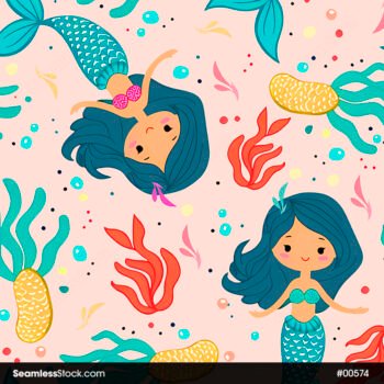 Cartoon Mermaids And Seaweed Seamless Pattern
