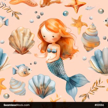 Mermaids, Seaweeds and Seashell And Fish Seamless Pattern