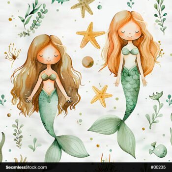 Mermaids, Seaweeds and Seashell Seamless Pattern