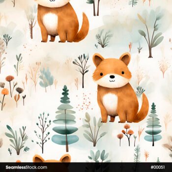 Cute Orange Watercolor Foxes on a Forest Seamless Pattern