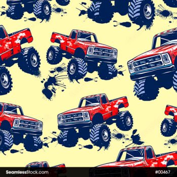 Red Monster Truck and Ink Splash Seamless Pattern