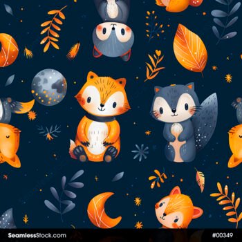 Space Cats And Foxes With Stars And Leaves Seamless Pattern