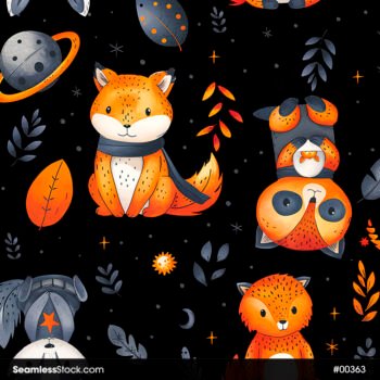 Space Cats, Stars, Leaves And Planets Seamless Pattern