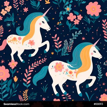 Unicorn And Flowers Doodle Style Seamless Pattern