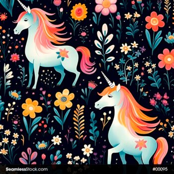 Unicorns And Flowers Cartoon Style Seamless Pattern