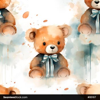 Cute Little Bears with Bow Ties Watercolor Style Seamless Pattern