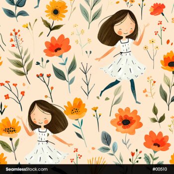 Woman Peasant And Flowers Seamless Pattern