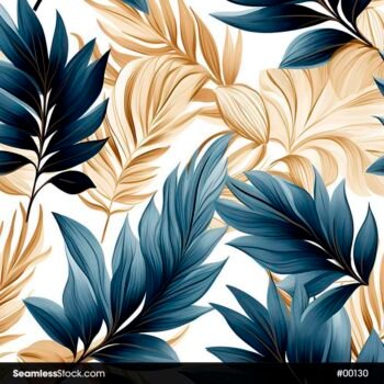 Blue And Golden Leaves Seamless Pattern
