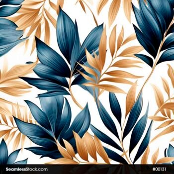 Blue And Golden Leaves Seamless Pattern
