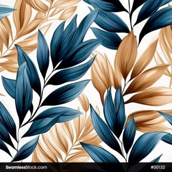 Blue And Golden Leaves Seamless Pattern