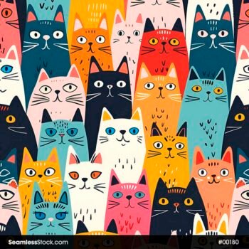Colorful Cats Lines Drawing Doodle Seamless Pattern