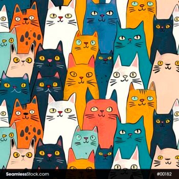 Colorful Cats Lines Drawing Doodle Seamless Pattern