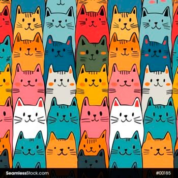Colorful Cats Lines Drawing Doodle Seamless Pattern