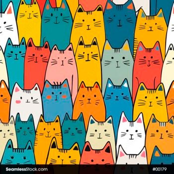Colorful Cats Lines Drawing Doodle Seamless Pattern
