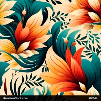 Colorful Flowers And Green Leaves Beige Background Seamless Pattern
