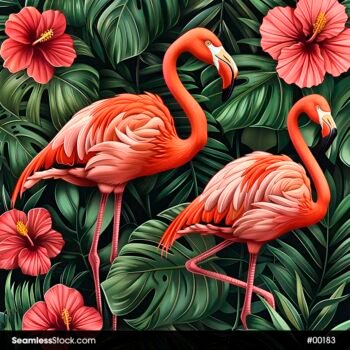 Flamingos, Leaves, And Hibiscus Seamless Pattern