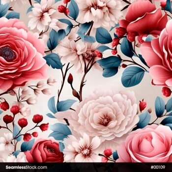 Pink and Beige Roses and Blue Leaves Seamless Pattern