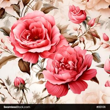Pink and Beige Roses and Leaves Seamless Pattern