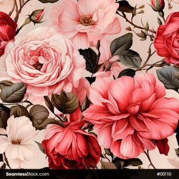 Pink Roses and Leaves Seamless Pattern
