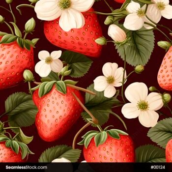 Strawberries And White Flowers Seamless Pattern